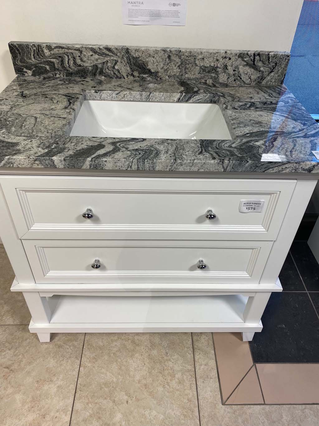 36 inch Alyce Vanity with 37 inch Silver Cloud Granite Top